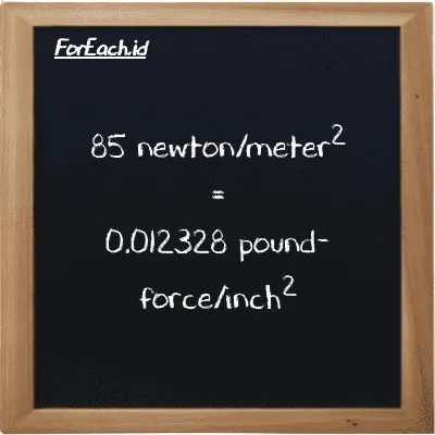 How to convert newton/meter<sup>2</sup> to pound-force/inch<sup>2</sup>: 85 newton/meter<sup>2</sup> (N/m<sup>2</sup>) is equivalent to 85 times 0.00014504 pound-force/inch<sup>2</sup> (lbf/in<sup>2</sup>)